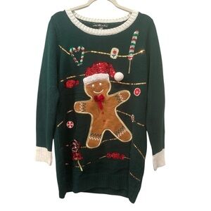 Holiday Gingerbread Sweater Ugly Christmas Sweater Green Festive Sequins Sz L
